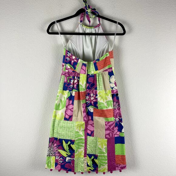 Lilly Pulitzer Brighton Patchwork Print Halter Dress Womens 2 Green Pink Pom - Picture 9 of 13